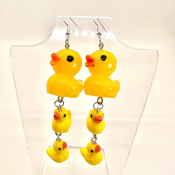 Handmade Jewelry - Large Rubber Duck Family Chain Earrings - Farm Earrings - Zoo Earrings